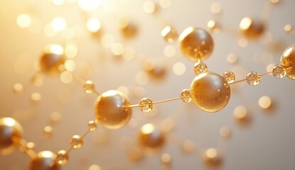 Close-up visualization of interconnected golden and transparent spheres representing a molecular or chemical structure against a soft glowing background