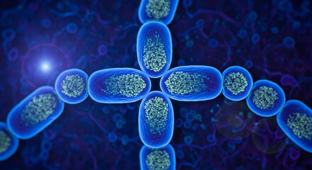 Microscopic View of Bacterial Cells in Blue and Green Colors with Biological Atmosphere