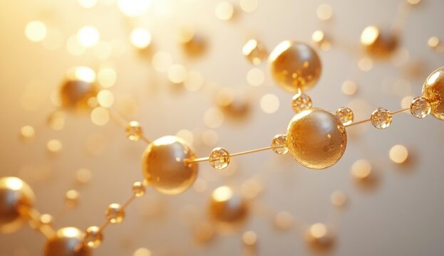 Close-up visualization of interconnected golden and transparent spheres representing a molecular or chemical structure against a soft glowing background - Powered by Adobe
