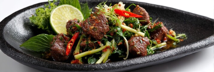 Fresh spicy beef salad, vibrant herbs and chili, served on matte black stone dish, illuminated by natural editorial lighting.