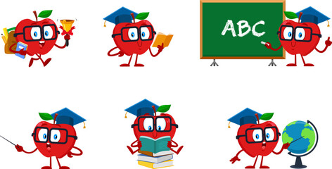 Cute Red Apple Teacher Cartoon Character In Different Poses – Vector Flat Design Collection Set Isolated On Transparent Background