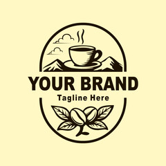 A vintage circular logo design for a coffee brand. The design features a hot cup of coffee against a backdrop of mountains and clouds