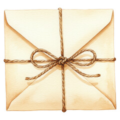 Watercolor illustration of a sealed antique style paper envelope tied with natural twine and a neat bow isolate