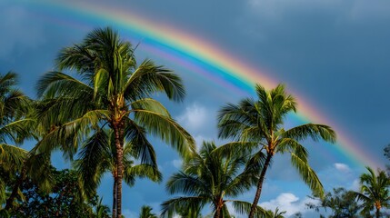 Obraz premium Lush palm trees frame a vibrant rainbow under a cloudy sky.