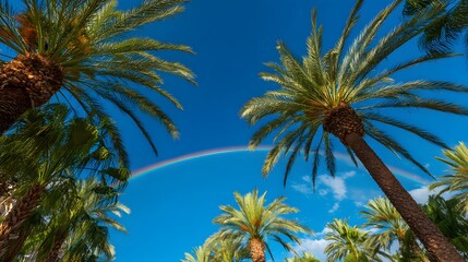 Obraz premium Tall palm trees reach for a bright blue sky with a faint rainbow.