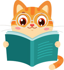 Smart Cute Cat Cartoon Character Reading Book With Glasses – Vector Illustration Flat Design Isolated On Transparent Background