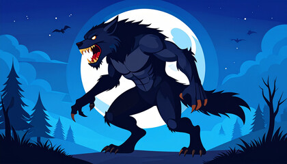 Werewolf howling at the moon in a spooky night scene