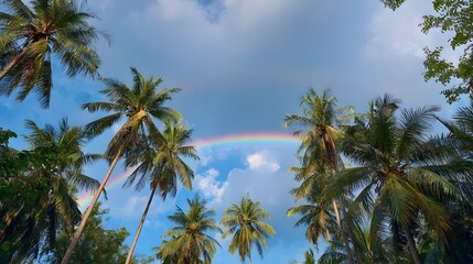 Obraz premium Palm trees frame a vibrant rainbow arching across a tropical sky.
