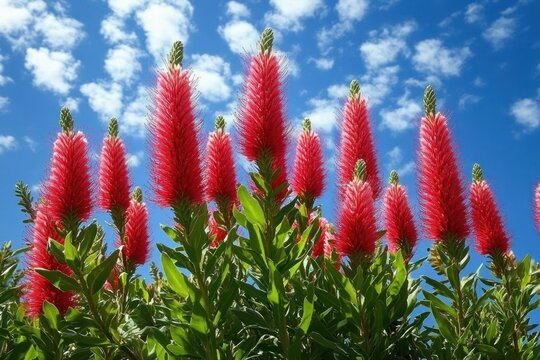 Tall vibrant red bottlebrush flowers with lush green leaves reaching towards a bright blue sky with scattered white clouds, evoking a fresh and lively atmosphere