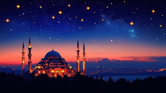 Illuminated mosque with multiple minarets under a starry twilight sky overlooking a distant city and water body - Powered by Adobe