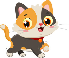 Happy Calico Cat Cartoon Character Walking Cheerfully – Vector Illustration Flat Design Isolated On Transparent Background