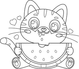 Funny Cat Cartoon Character Eating Watermelon And Smiling - Black and White Vector Hand Drawn Illustration Isolated On Transparent Background