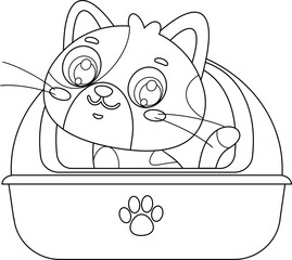 Funny Cute Cat Sitting In Litter Box With Paw Print - Black and White Vector Hand Drawn Illustration Isolated On Transparent Background