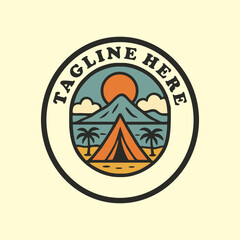 Vintage camping logo design with a tent, mountain, palm trees, and sunset. Outdoor adventure and travel emblem in retro style.