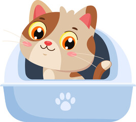 Cute Cat Cartoon Character Sitting In Litter Box And Smiling – Vector Illustration Flat Design Isolated On Transparent Background