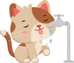 Happy Cute Cat Drinking Water From Faucet - Vector Hand Drawn Illustration Isolated On Transparent Background
