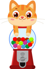 Curious Cute Cat Cartoon Character Sitting On Gumball Machine – Vector Illustration Flat Design Isolated On Transparent Background