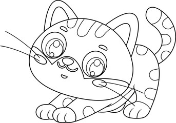 Funny Cute Cat Cartoon Character Stretching - Black and White Vector Hand Drawn Illustration Isolated On Transparent Background