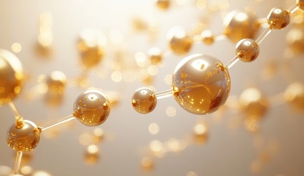 Close-up view of interconnected translucent golden spheres representing molecular or atomic structure with soft glowing background - Powered by Adobe