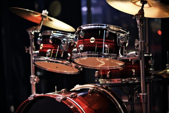 Gleaming red drum set awaits the drummer on a dark stage, ready for a night of live music