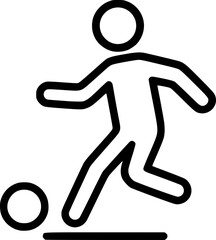 Black and white minimalist vector icon of a soccer player kicking a ball, clean line art, dynamic and modern sport symbol, isolated on white background.