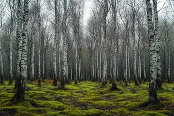 Fototapeta premium Dense forest of tall birch trees with white bark and no leaves over a vibrant green moss-covered ground under a misty sky