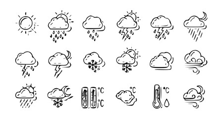 Obraz premium Minimalist Weather Icon Set-sunny, cloudy, rain, storm, snow, thunder, fog, and wind in flat minimalist style
