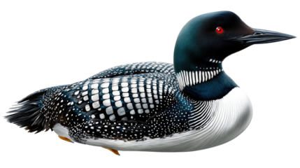 Elegant Loon: A majestic loon, adorned in a sophisticated plumage of black and white, resting serenely. Its piercing gaze and elegant posture highlight its inherent beauty and grace.