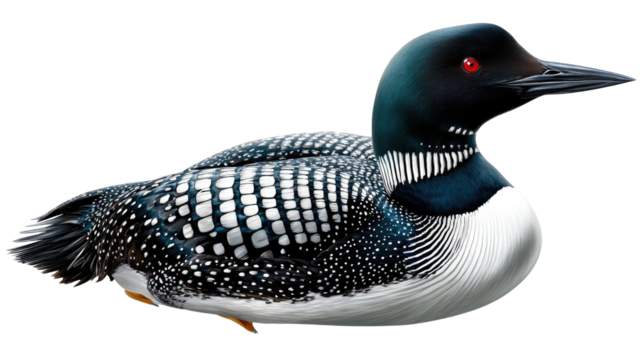 Elegant Loon: A majestic loon, adorned in a sophisticated plumage of black and white, resting serenely. Its piercing gaze and elegant posture highlight its inherent beauty and grace.
