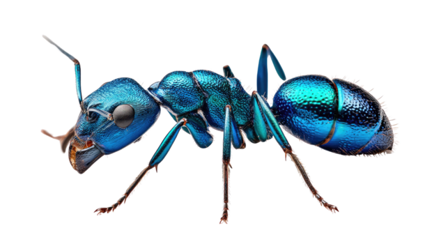 Blue Ant in Focus: An up-close, captivating perspective of a shimmering, blue ant, showcasing its intricate details and iridescent exoskeleton.