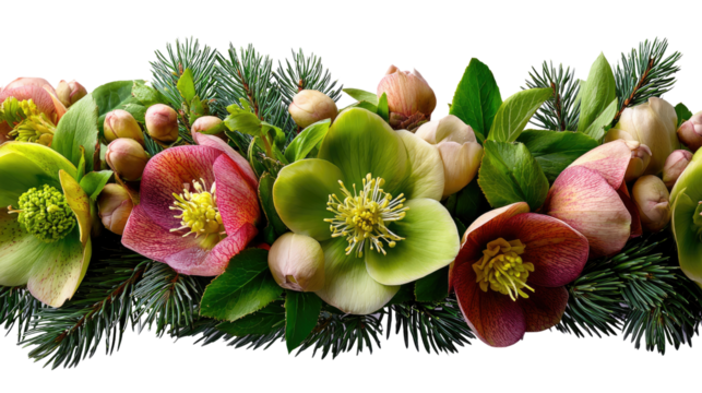 Floral Garland: A vibrant, detailed shot showcases a lush floral garland with an array of fresh hellebore flowers, nestled among verdant evergreen boughs and buds. - Powered by Adobe