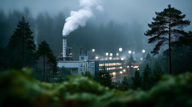 Trees and the blurred background of the factory, carbon credit concept