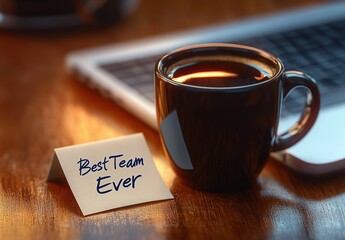 black coffee mug next to a laptop and a small note card with encouraging message on wooden desk evoking motivation and teamwork