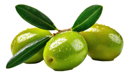 Fresh Olive Delight: Capture the essence of Mediterranean freshness, showcasing three vibrant green olives, accented by their leaves, droplets and a light that enhances their natural, glossy finish.
