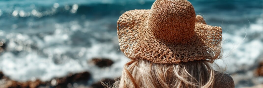 Senior woman in a straw hat enjoys a serene seaside retreat with blurred waves in the background. - Powered by Adobe