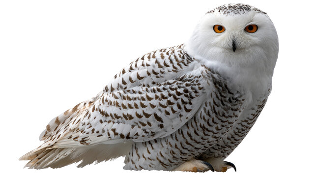Majestic Snowy Owl: A regal snowy owl with piercing orange eyes and pristine white plumage perched, exudes an aura of serenity and wisdom, its gaze is focused, portraying the elegance of the wild.
