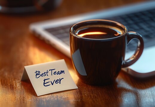 black coffee mug next to a laptop and a small note card with encouraging message on wooden desk evoking motivation and teamwork