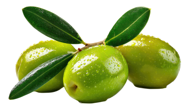 Fresh Olive Delight: Capture the essence of Mediterranean freshness, showcasing three vibrant green olives, accented by their leaves, droplets and a light that enhances their natural, glossy finish.
