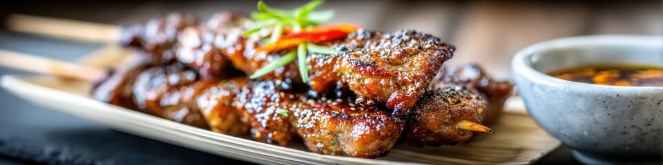 Delicious yakitori skewers with sesame seeds and dipping sauce