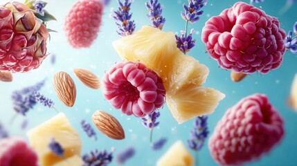 Close-up view of fresh raspberries, pineapple chunks, lavender flowers, and almonds floating together on a bright background, evoking freshness and natural harmony