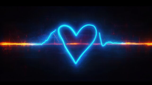 Glowing blue heart shape integrated with an orange and blue electrocardiogram line on a dark background, symbolizing love and heartbeat energy