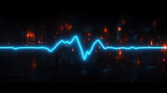 glowing blue waveform line with fluctuating peaks over a dark background with scattered orange lights conveying dynamic energy and digital pulse