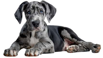 Majestic Hound: A striking portrait of a Great Dane, showcasing its distinctive spotted coat and serene eyes, conveys the gentle giant's charm and loyalty.
