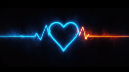 Glowing neon electrocardiogram line forming a blue heart shape transitioning to a red heartbeat line on black background symbolizing life and energy
