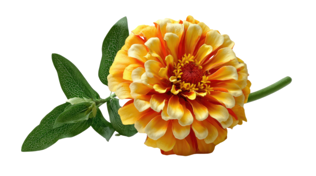 Golden Zinnia's Gentle Radiance: A vibrant zinnia, with its intricate layers of golden petals, emanates a warm, inviting glow, complemented by its fresh green foliage.