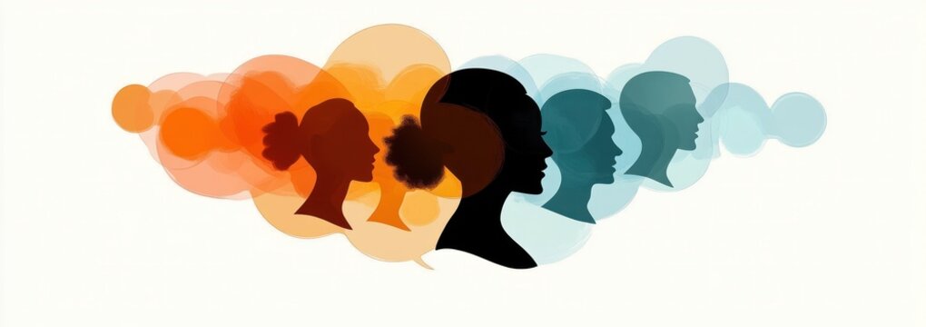 Illustration of multiple overlapping female profiles in warm and cool tones with abstract circular shapes resembling thought or speech bubbles conveying communication and connection - Powered by Adobe