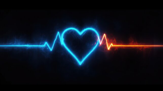Glowing neon electrocardiogram line forming a blue heart shape transitioning to a red heartbeat line on black background symbolizing life and energy