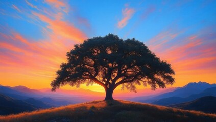 Solitary large tree on a hill at vibrant sunset with colorful sky and distant mountain silhouettes conveying peace and beauty