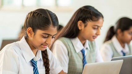 Indian high school students in computer class — collaborating on laptops, showcasing digital learning and teamwork