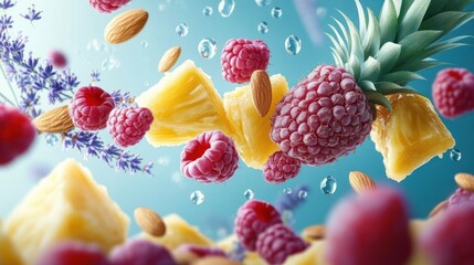 Fresh raspberries, pineapple chunks, almonds, and lavender floating in midair with droplets of water against a blue background creating a vibrant and refreshing feeling